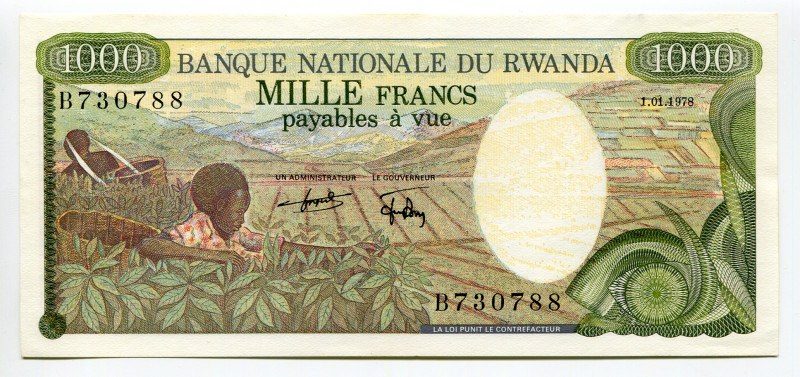 Rwanda 1000 Francs 1978
P# 14, N# 259123; # B730788; UNC