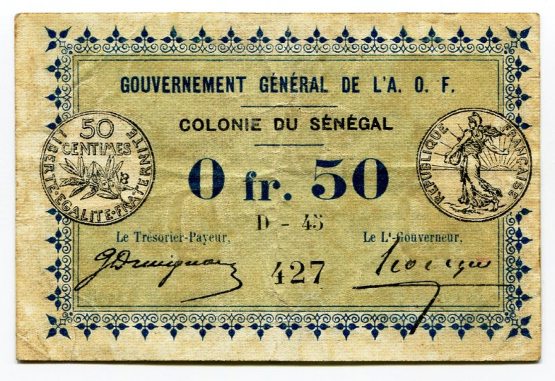 Senegal 0.50 Franc 1917
P# 1, N# 201783; # D-45 427; French Administration