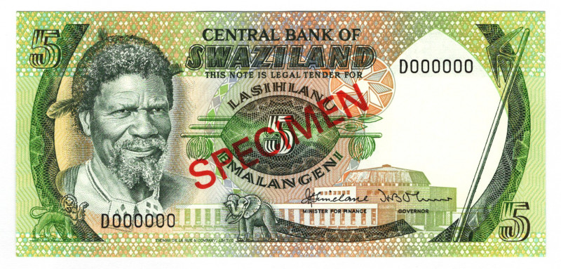 Swaziland 5 Emalangeni 1982 (ND) Specimen
P# 9s, N# 206388; # D000000; UNC