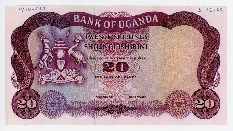 Uganda 20 Shillings 1966 Error Print
P# 3, N# 224466; Without number and signat...