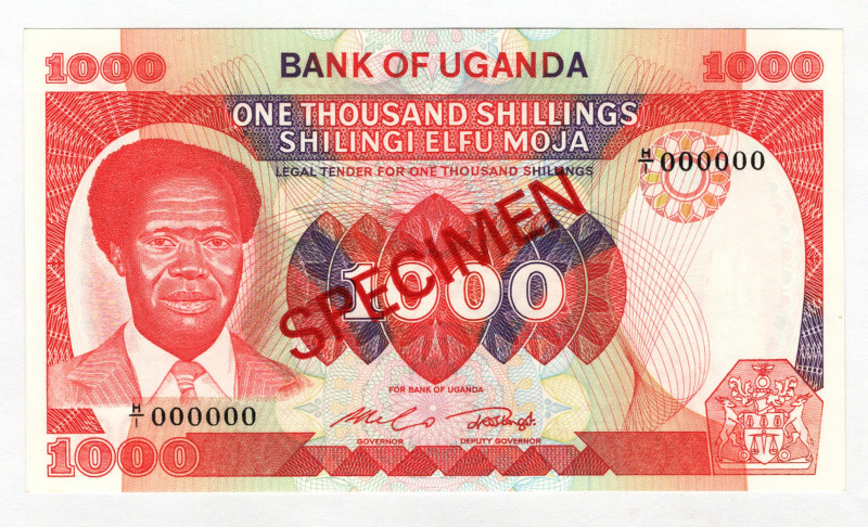 Uganda 1000 Shillings 1983 (ND) Specimen
P# 23s, N# 288305; # 000000; UNC