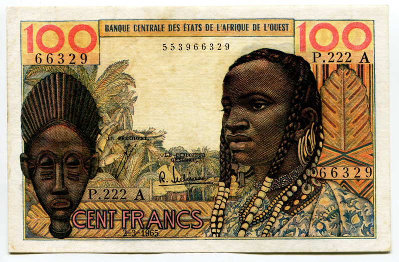 West African States Ivory Coast 100 Francs 1965 (ND) A
P# 101Ae, N# 220647; #66...