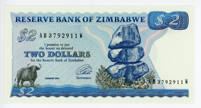 Zimbabwe 2 Dollars 1980 (1994)
P# 1d, N# 205193; #AB3792911W; Signature 3. Wate...