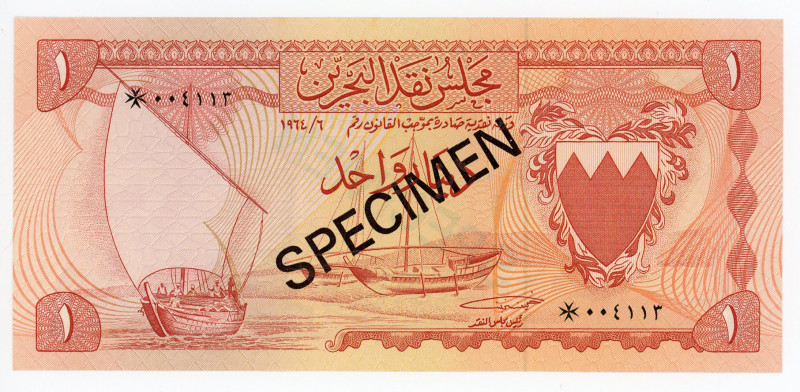 Bahrain 1 Dinar 1964 Specimen
P# 4s, N# 217019; # 004113; UNC