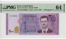 Syria 2000 Syrian Pounds 2017 AH 1439 PMG 64 Low Number
P# 117b, N# 215563; # M/53 0000004