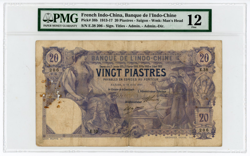 French Indochina 20 Piastres 1917 PMG 12
P# 38b, N# 292230; #E.38 206; Saigon; ...