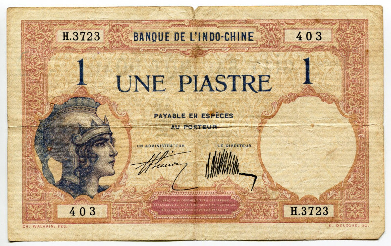 French Indochina 1 Piastre 1927 - 1931 (ND)
P# 48b, N# 220894; #403; F+