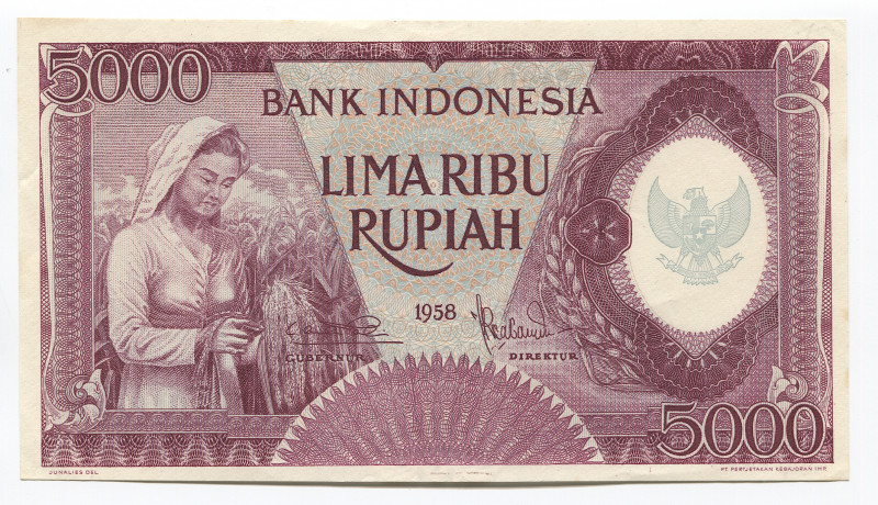 Indonesia 5000 Rupiah 1958
P# 64, N# 284929; #BA008035; UNC