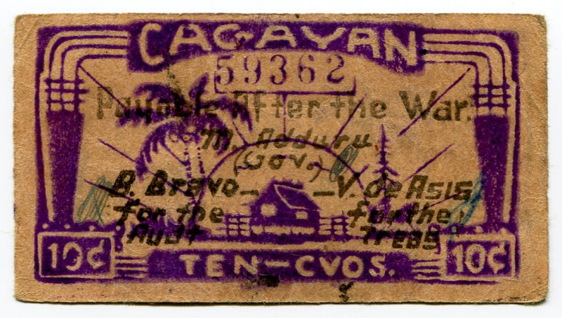 Philippines Cagayan 10 Centavos 1942 (ND)
P# S180A, N# 326591; # 59362; Cagayan...