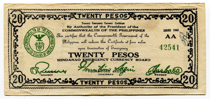 Philippines Mindanao 20 Pesos 1943
P# S499a, N# 221816; # AA 42541; Second Mind...