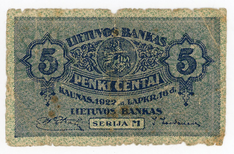 Lithuania 5 Centai 1922
P# 9, N# 226613; # Serija M; F