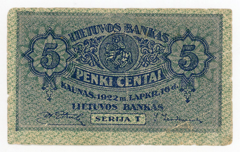 Lithuania 5 Centai 1922
P# 9, N# 226613; # Serija T; F