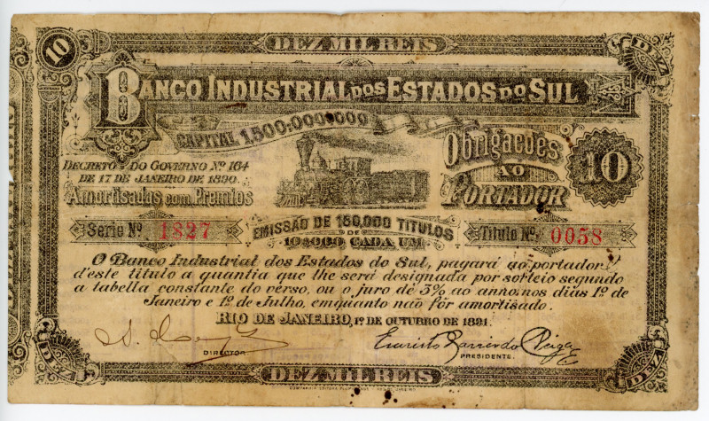 Brazil 10 Reis 1891
P# S608; # 0058; F