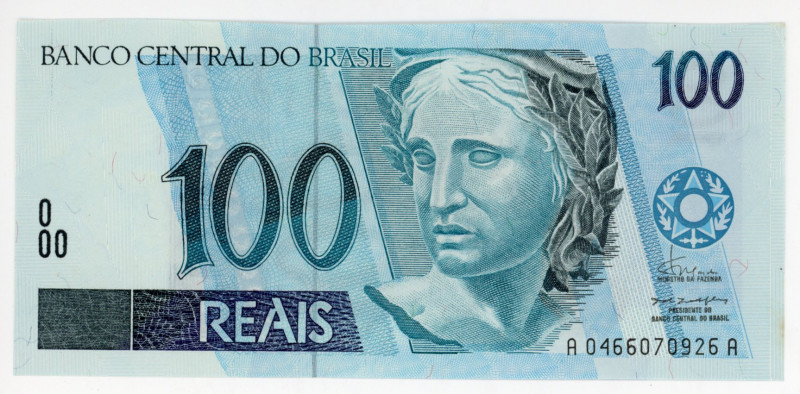 Brazil 100 Reais 1994 (ND)
P# 247a, N# 212819; # A 0466070926 A; AUNC-