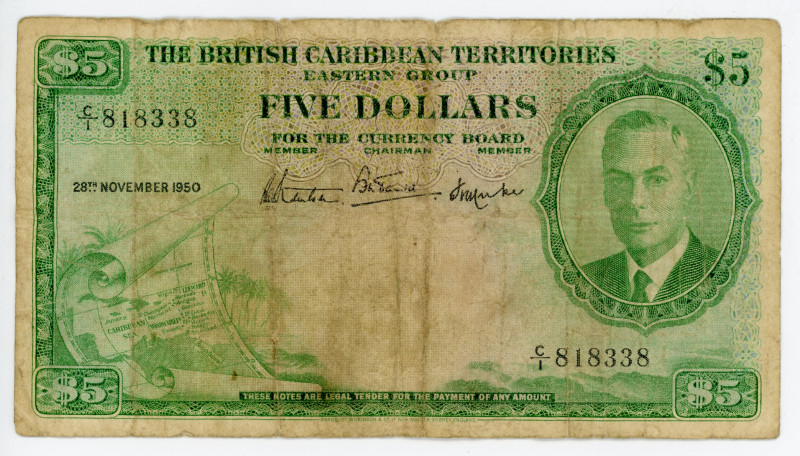 British Caribbean Territories 5 Dollars 1950
P# 3, N# 248379; #C/1 818338; F