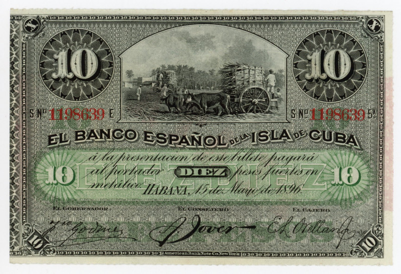 Cuba 10 Pesos 1896
P# 49d, N# 204634; # 1198639 E; XF-AUNC