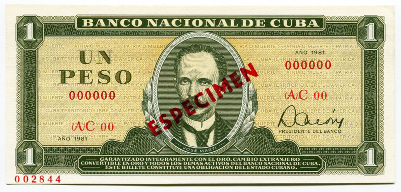 Cuba 1 Peso 1981 Specimen
P# 102s2, N# 205099; # Specimen 002844; "Jose Marti";...