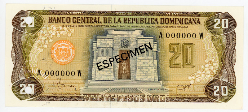 Dominican Republic 20 Pesos Oro 1982 Specimen
P# 120s1, N# 225348; # A000000W; ...