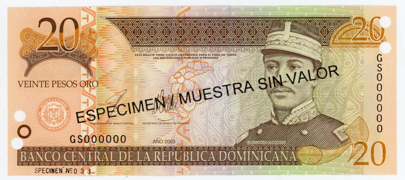 Dominican Republic 20 Pesos Oro 2003 Specimen
P# 169s3, N# 204420; # GC000000; ...