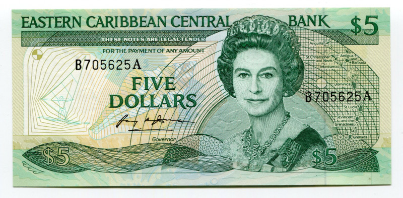 East Caribbean States 5 Dollars 1988 - 1993
P# 22a1, N# 248669; # B705625A; UNC