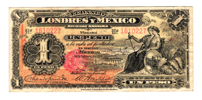 Mexico Banco de Londres 1 Peso 1914
P# S240; # 1610227; VF