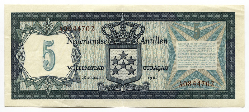 Netherlands Antilles 5 Gulden 1967
P# 8a, N# 229559; # A0844702; Crispy; XF+