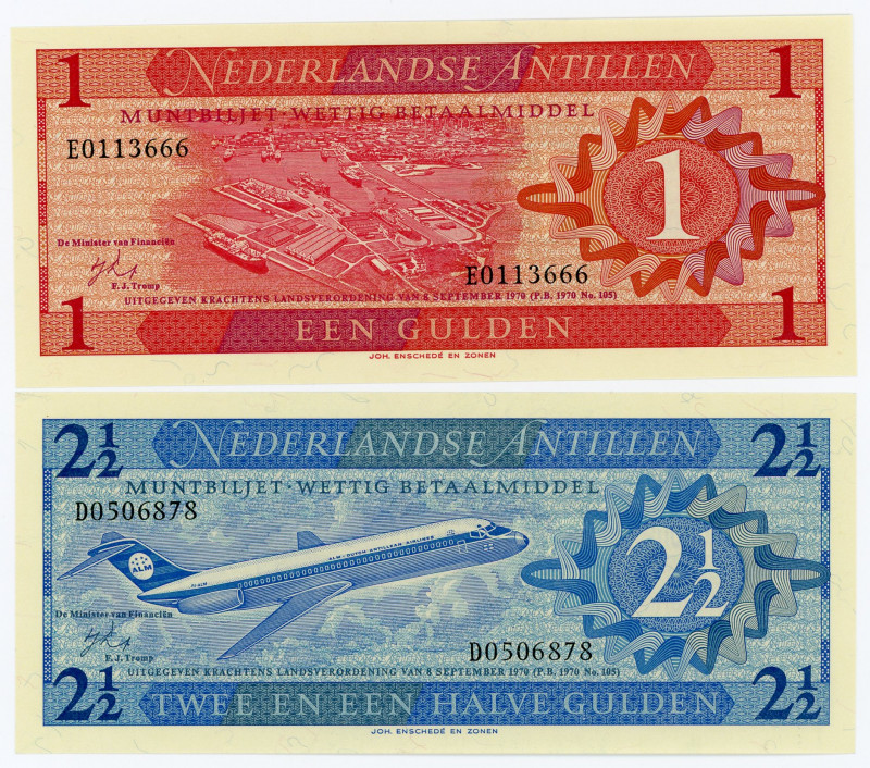 Netherlands Antilles 1 & 2-1/2 Gulden 1970
P# 20a; 21a; UNC