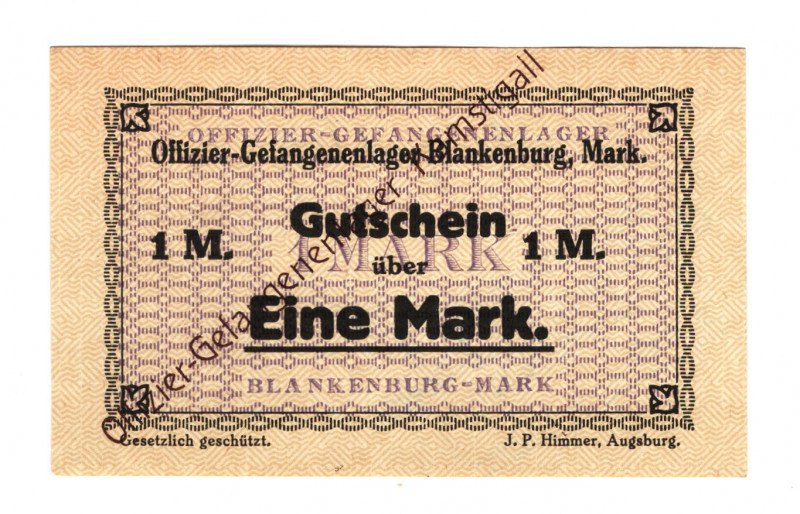 Germany - Empire Blankenburg Lager Note WWI 1 Mark 1919 (ND)
UNC