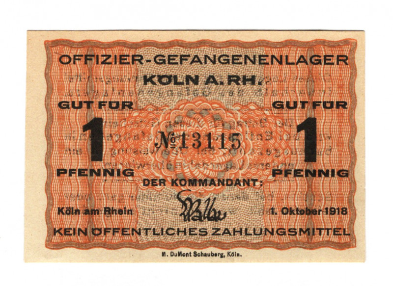 Germany - Empire Koln RH Lager Notes WWI 1 Pfennig 1918
# 13115; UNC