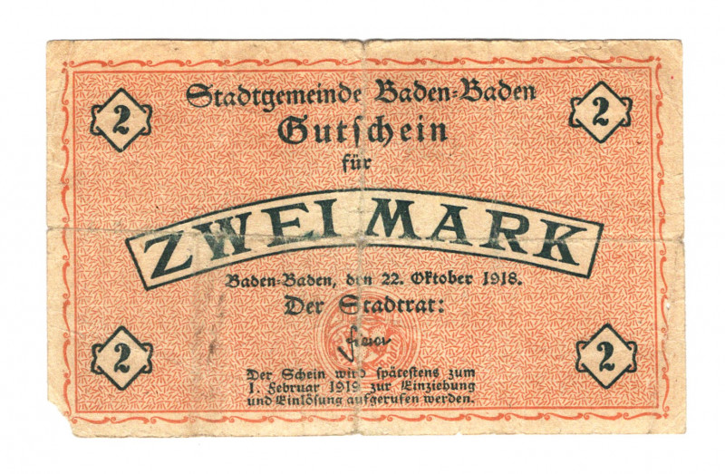 Germany - Empire Baden-Baden 2 Mark 1918
N# 272407; F