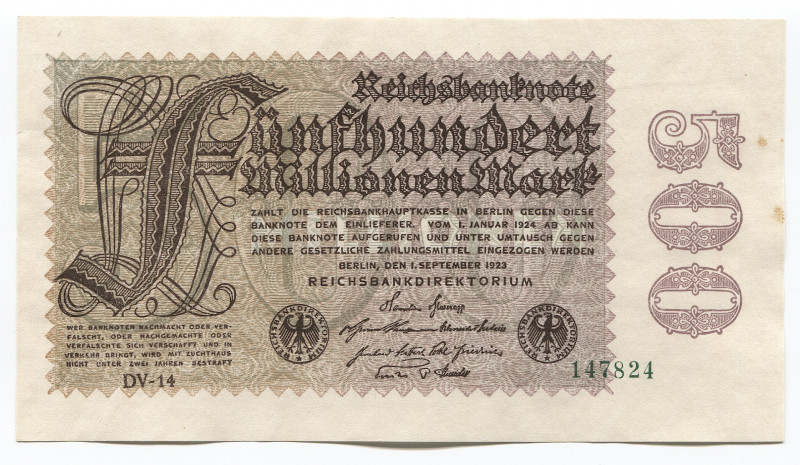 Germany - Weimar Republic 500 Millionen Mark 1923
P# 110d, N# 203604; # DV-14 1...