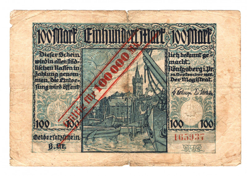 Germany - Weimar Republic East Prussia Konigsberg 100000 Mark 1923 Overstamped o...