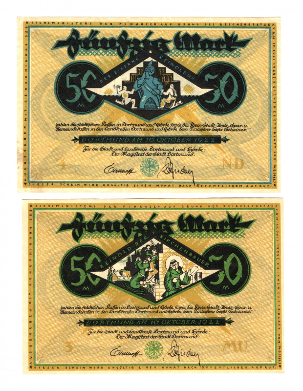 Germany - Weimar Republic Westphalia Dortmund & Horde 2 x 50 Mark 1922 Different...