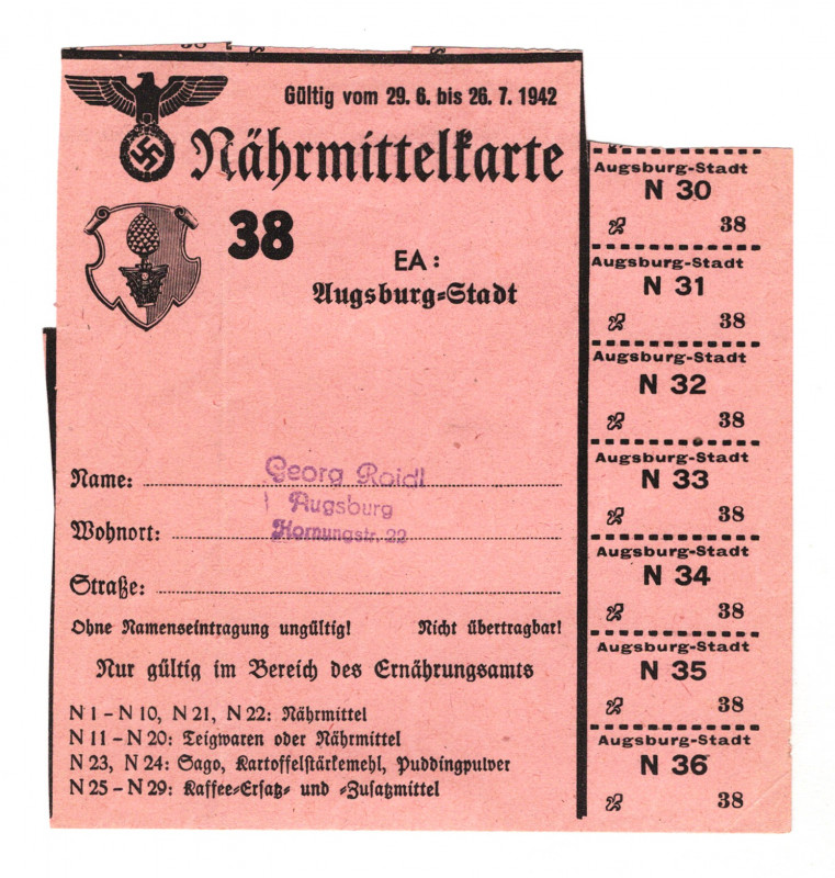 Germany - Third Reich Augsburg Provision Card 1942
From the old collection of g...