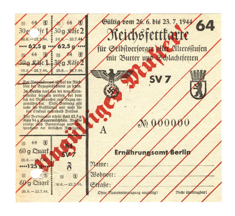 Germany - Third Reich Berlin Provision Card 1944 Specimen
# 000000; From the ol...