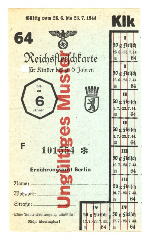 Germany - Third Reich Berlin Provision Card 1944 Specimen
# 101554; From the ol...