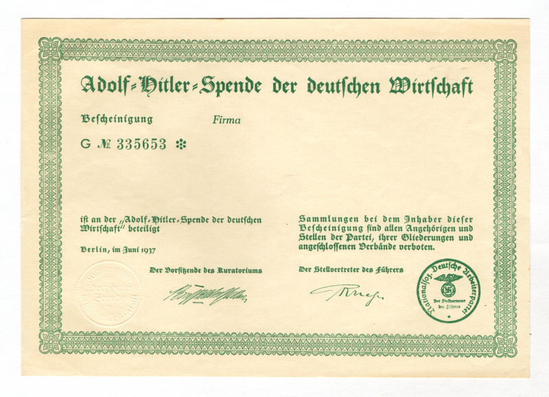 Germany - Third Reich Adolf Hitler Spend Company Certificate 1937
# 335653; Fro...