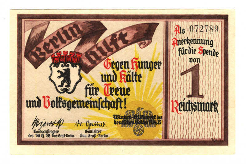 Germany - Third Reich Berlin Winter Help Lottery 1 Reichsmark 1934 - 1935 (ND)
...