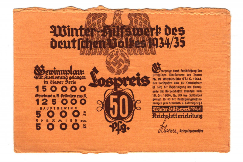 Germany - Third Reich Winter Help Lottery Ticket 50 Pfennig 1934 - 1935 (ND)
Fr...