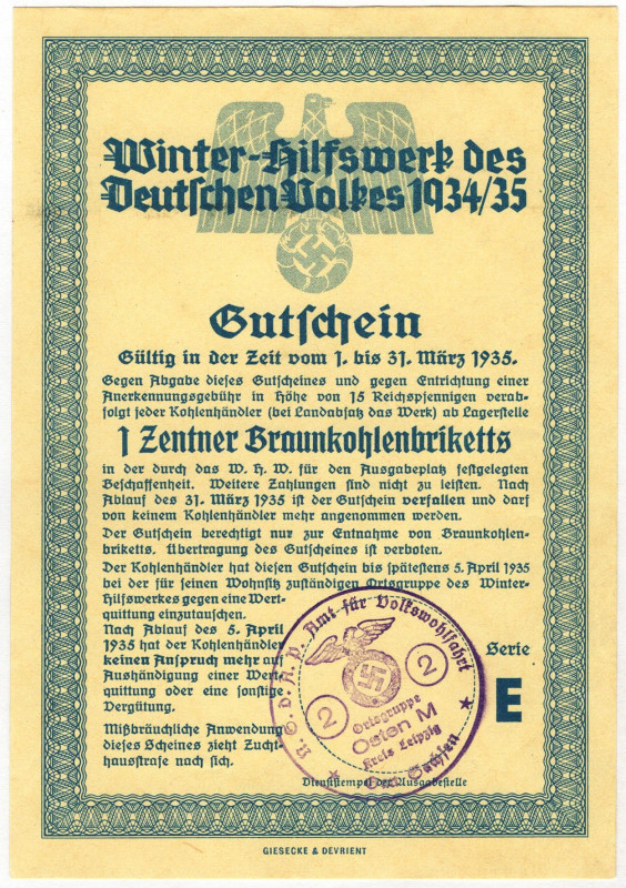 Germany - Third Reich Winter Help Coupon 1935 March Serie E
From the old collec...