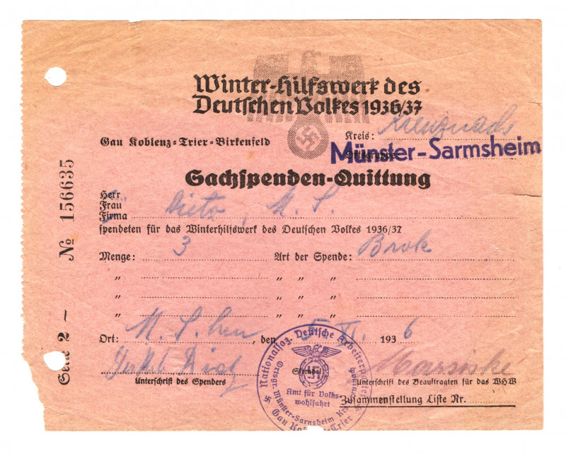 Germany - Third Reich Winter Help Spend 3 Reichsmark 1936 - 1937 (ND) Serie 2
#...