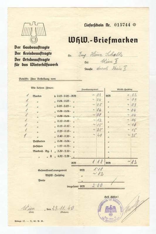 Germany - Third Reich Winter Help Donation Schedule 1940
# 015744;From the old ...