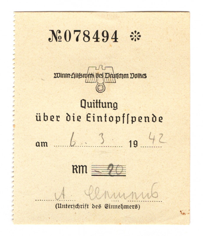 Germany - Third Reich Winter Help Spend 20 Reichsmark 1942
# 078494; From the o...