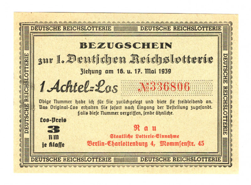 Germany - Third Reich Coupon of German Lottery 1939
# 336806; UNC