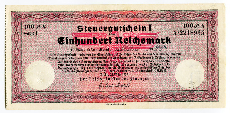 Germany - Third Reich Steuergutscheinen 100 Reichsmark 1940
Ro# 716; Series 1 #...