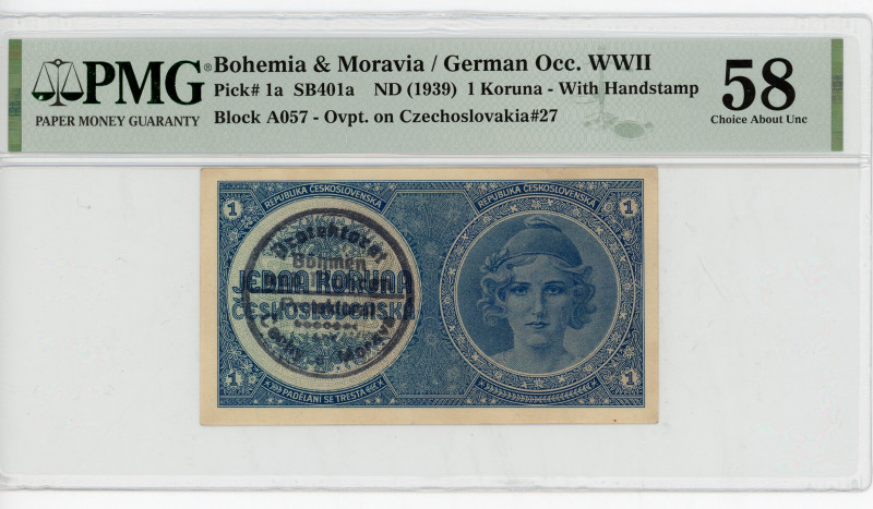 Bohemia & Moravia 1 Koruna 1939 (ND) PMG 58
P# 1a, N# 217508; # Block A057