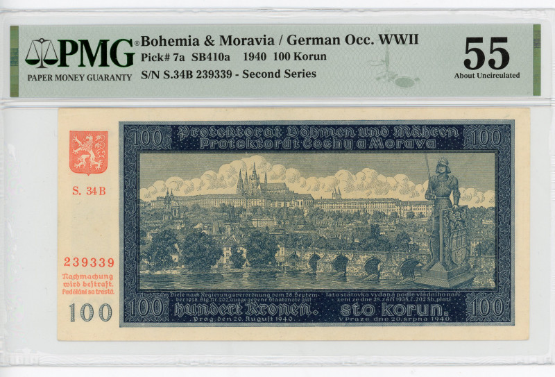 Bohemia & Moravia 100 Korun 1940 PMG 55
P# 7a, N# 204546; # S.34B 239339