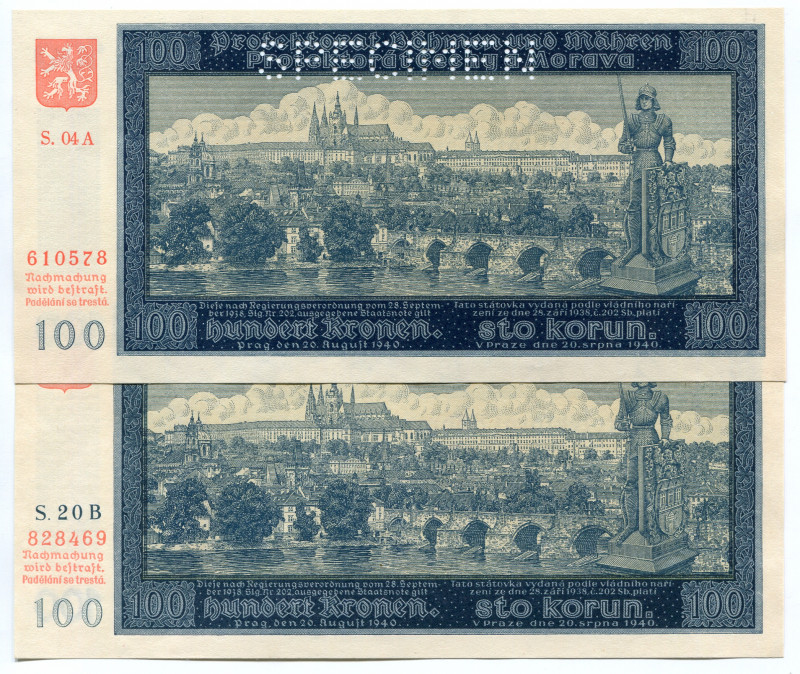 Bohemia & Moravia 2 x 100 Korun 1940 Specimen
P# 6s, 7s, N# 204545, N# 204546; ...