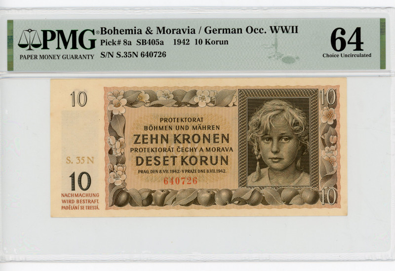 Bohemia & Moravia 10 Korun 1942 PMG 64
P# 8a, N# 207305; # S.35N 640726