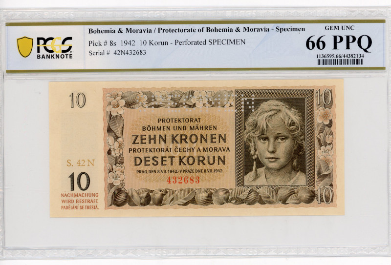 Bohemia & Moravia 10 Korun 1942 Specimen PCGS 66
P# 8s, N# 207305; # 42N432683